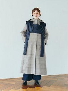 チェックフーデイーロングコート - GREY