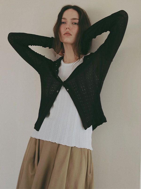 パターンスティッチシアーニットカーディガン （BROWN)