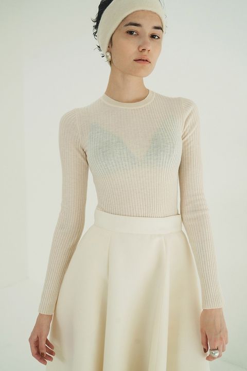 シアーリブニットカットソー | SHEER RIB KNIT TOPS （IVORY)