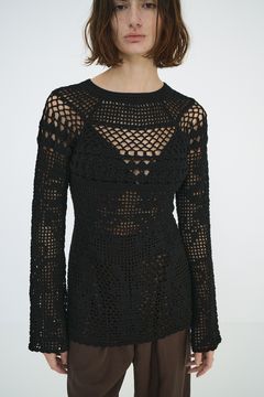 バックオープンクロシェニット - BACK OPEN CROCHET KNIT TOPS - BLACK