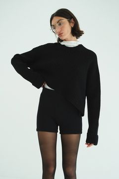 アシンメトリーショートニットトップス -  ASYMMETRY WIDE SHORT KNIT TOPS (BLACK)