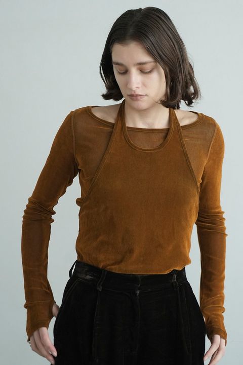 ホルタートップス / ロングスリーブトップスセット - TULLE FLOCKY LAYERED TOPS BROWN