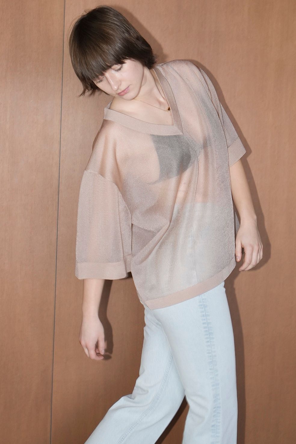 シアー ブイネック ニットトップス -  SHEER VNECK KNIT TOPS -YELLOW