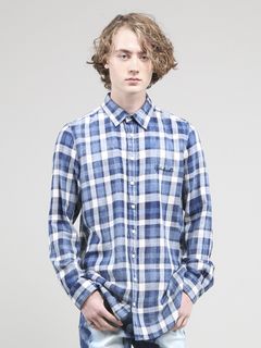 GalaabenD - インディゴブリーチチェックシャツ - Check Shirt - BLUE