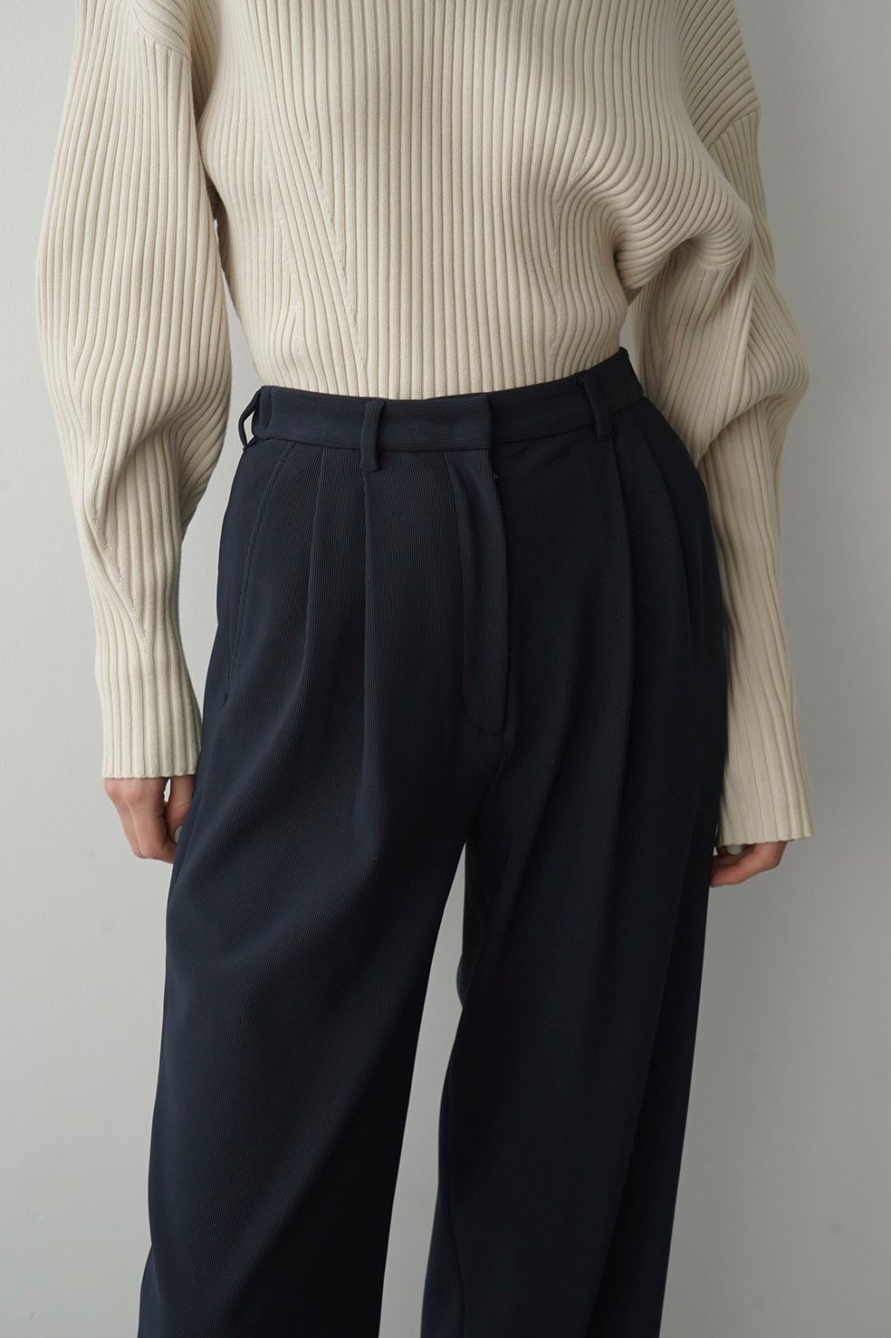 CLANE - リブストライプ タックパンツ - RIB STRIPE TUCK PANTS - NAVY 