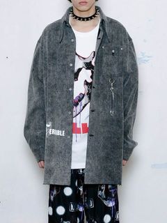 オーバーサイズ デニム シャツ - OVERSIZE DENIM SHIRT MULTI PRINT CHEMICAL WASH - BLACK CHEMICAL