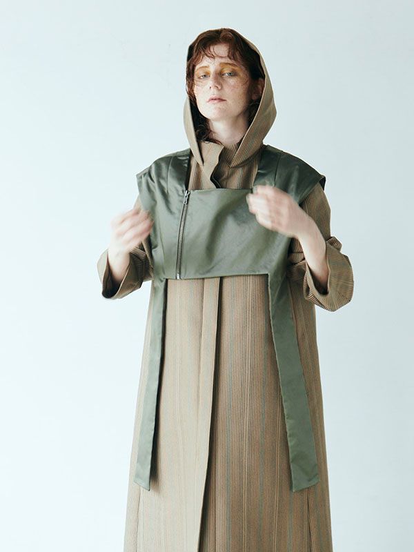 チェックフーデイーロングコート - KHAKI