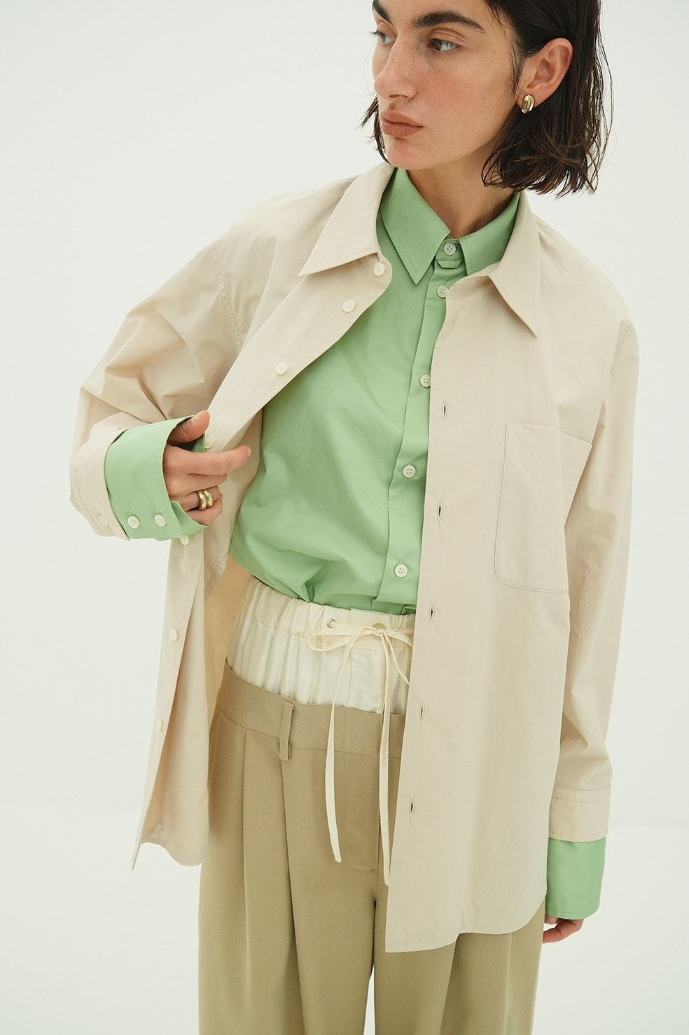 レイヤードシャツ - TWO TONE LAYERED SHIRTS (BEIGE)