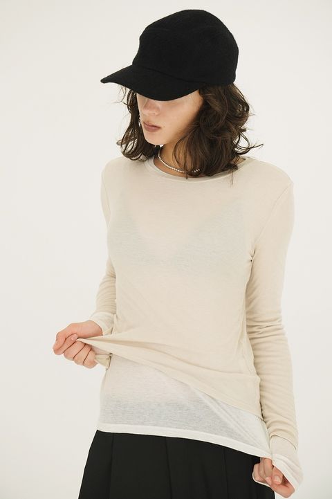 レイヤードシアーニットトップス -  SHEER LAYERED CUT TOPS (BEIGE)