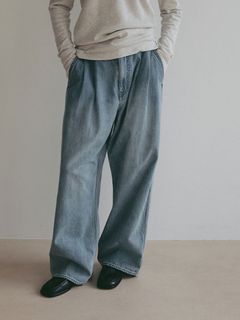 デニムタックワイドパンツ (BLUE)