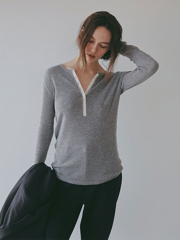 シアーワッフルヘンリーネックプルオーバー （GREY)