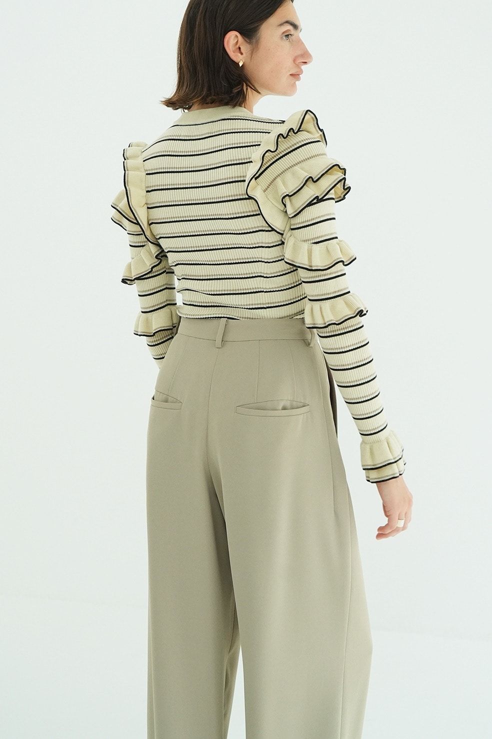 フリルスリーブニットトップス - FRILL SLEEVE KNIT TOPS (BORDER)