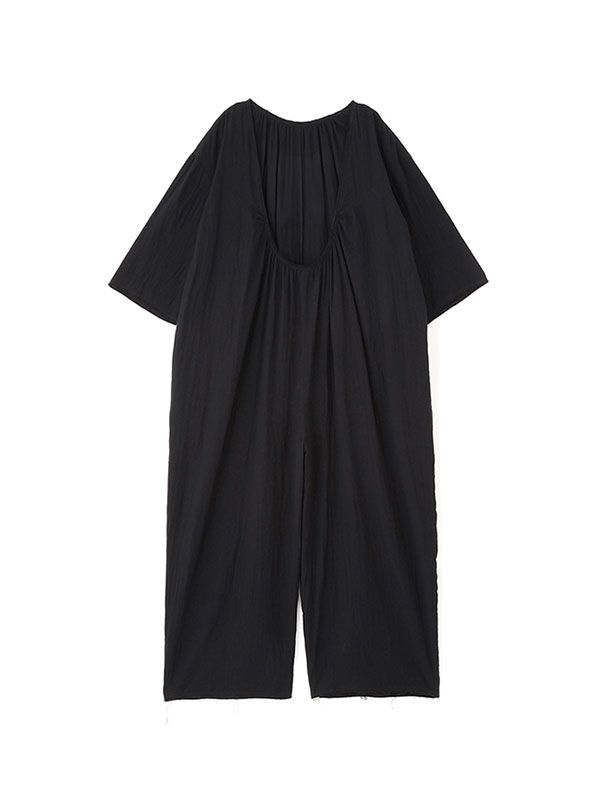 プランジングネックダブルガーゼオールインワンル （BLACK)