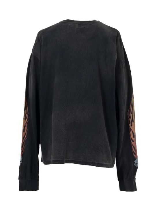 スカルフレイム ディストレスドカットソー - "Skull Flame" Distressed L/S T-shirt (BLACK)