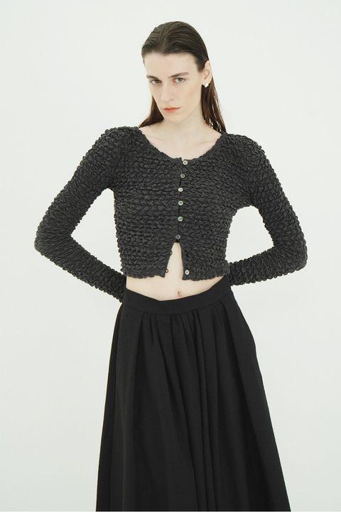 ダブルフェイス シャーリング カーディガン  - W FACE SOFT SHIRRING CARDIGAN (GREY)