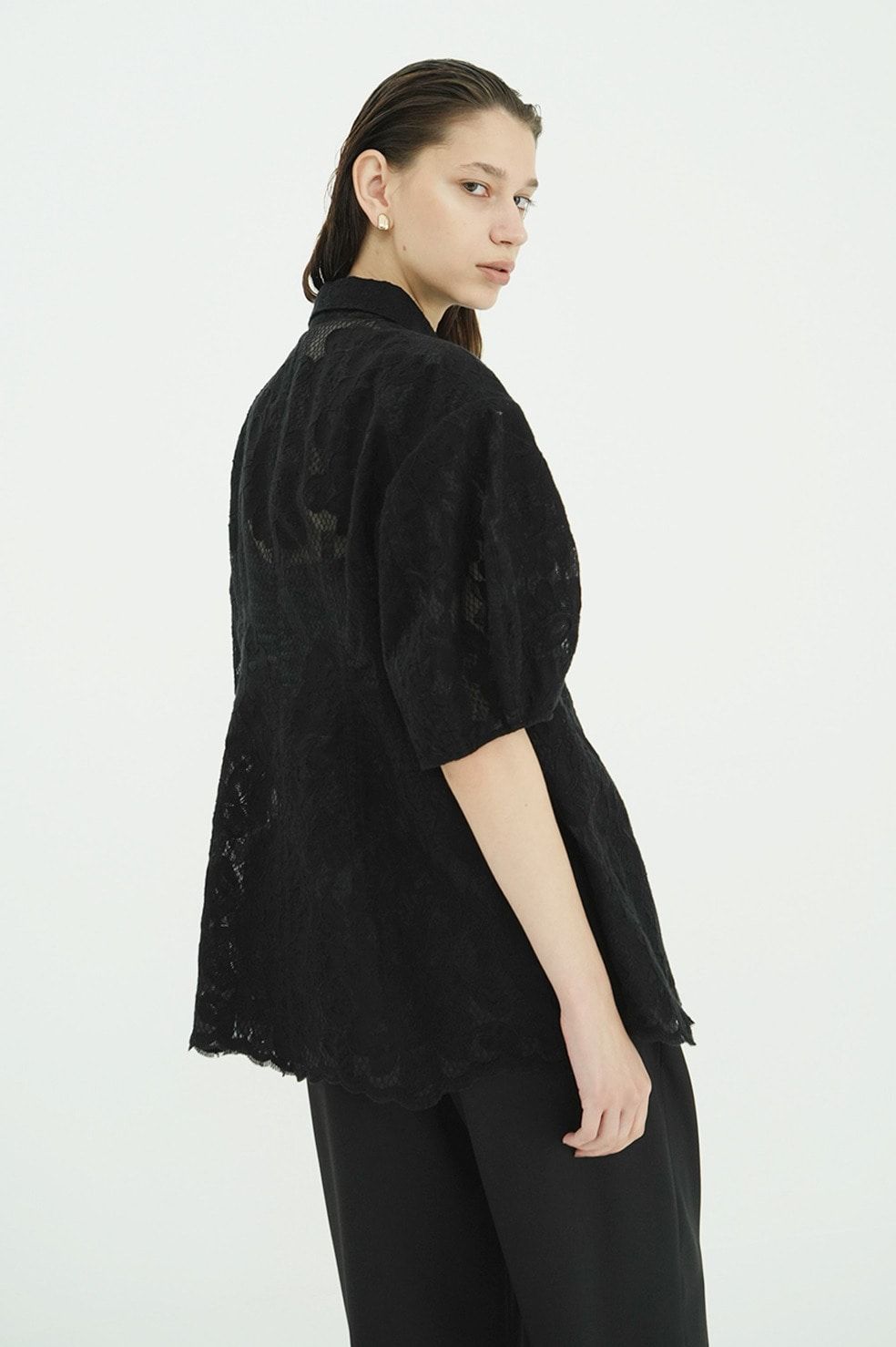 フラワーレーストップス -  FLOWER LACE WAIST SHAPE TOPS (BLACK)