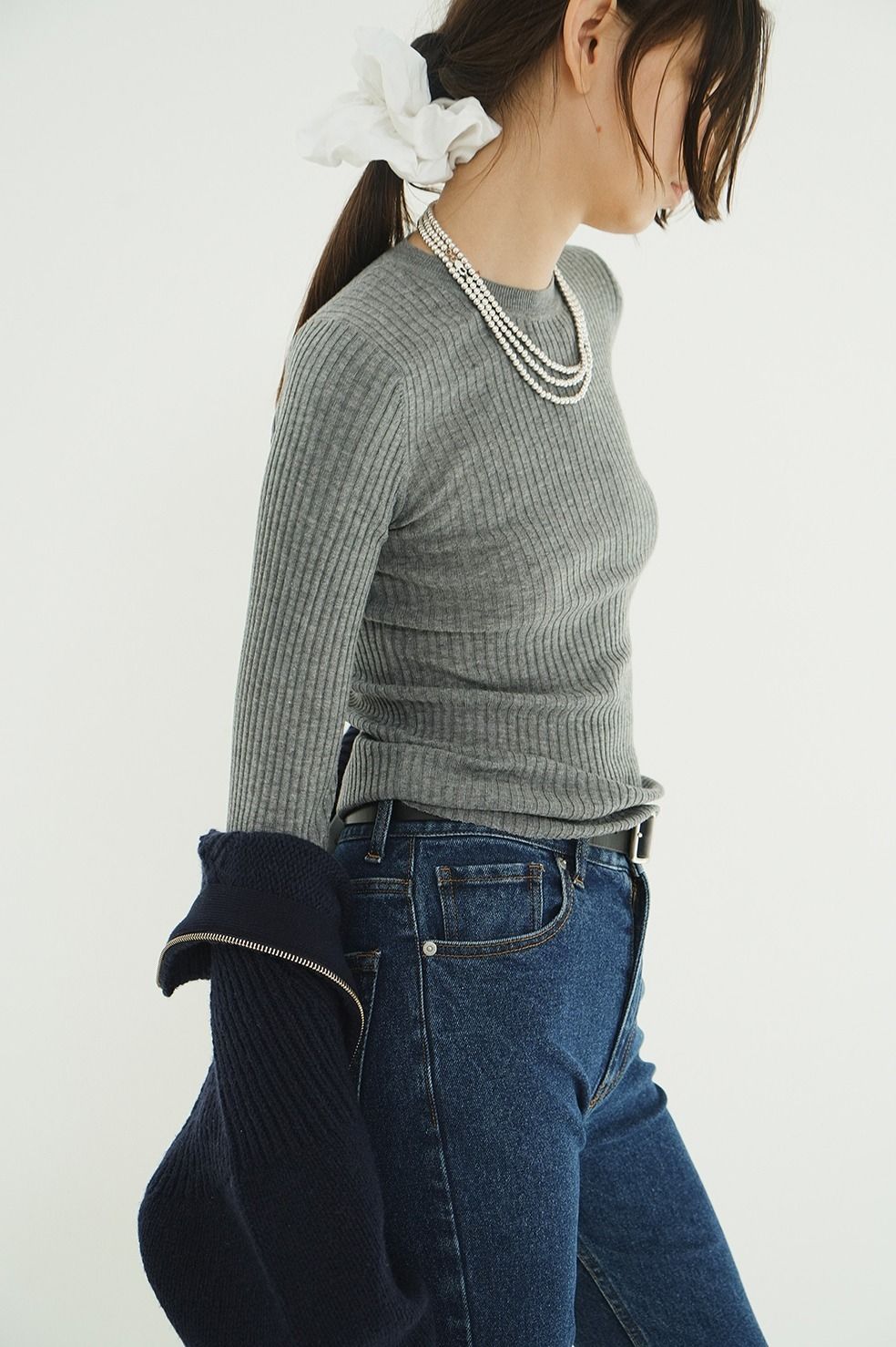 シアーリブニットカットソー | SHEER RIB KNIT TOPS (GREY)