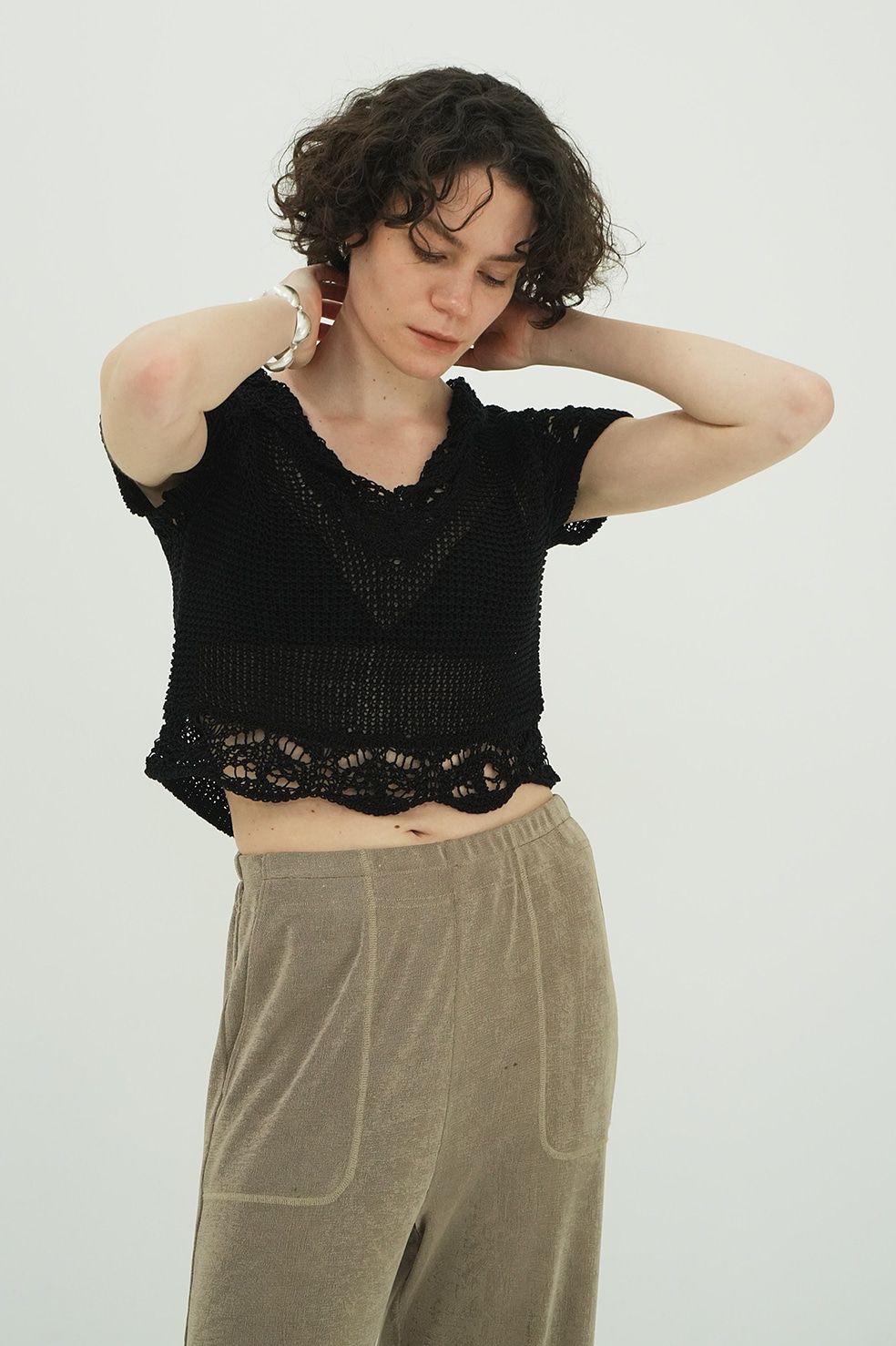 クロップドニットトップス - CROPPED CROCHET KNIT TOPS - BLACK