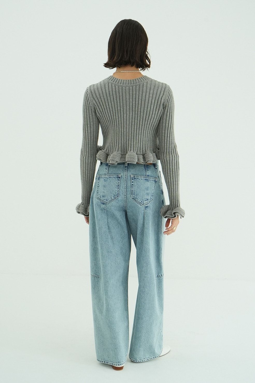 ダブルフェイス フリルド ニットトップス - W FACE SHORT FRILLED KNIT TOPS (GREY)