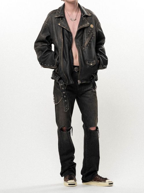 ディストレスド スリム ブーツカット デニム パンツ - Distressed Slim Bootcut Denim Pants (BLACK)