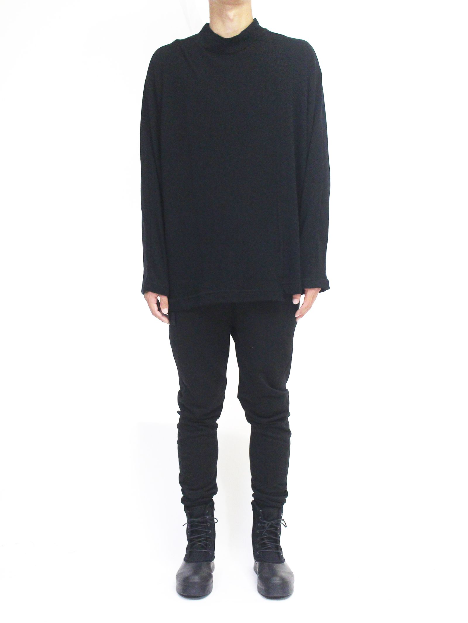 綿ウール天竺ハイネック長袖カットソー - BLACK