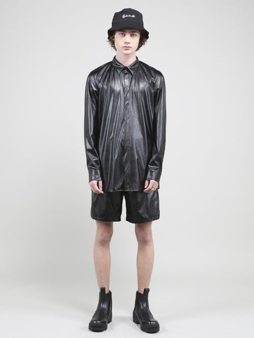 【JO1 川尻 蓮 着用】 ウォッシャブルライトフェイクレザーシャツ - Fake Leather Shirt - BLACK