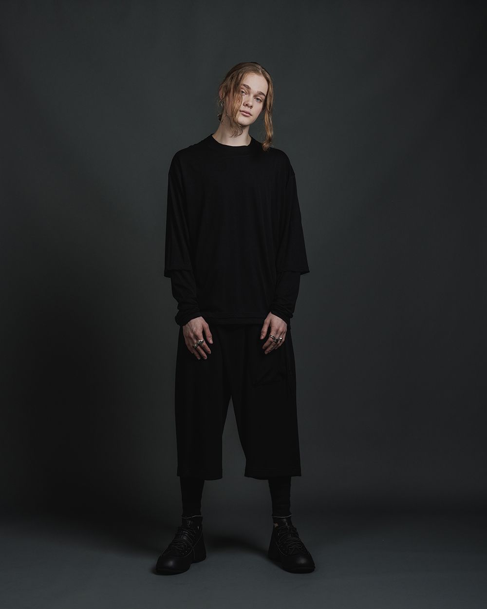 綿シルク 天竺 レイヤード カットソー  - double layerd long-sleeve t - BLACK