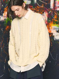 ニットプルオーバー - Cable Knitting Sheer Intarsia Prime-Over Crew Neck Knit Pullover IVORY