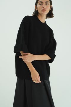ニットトップス - OVER HALF SLEEVE KNIT TOPS (BLACK)