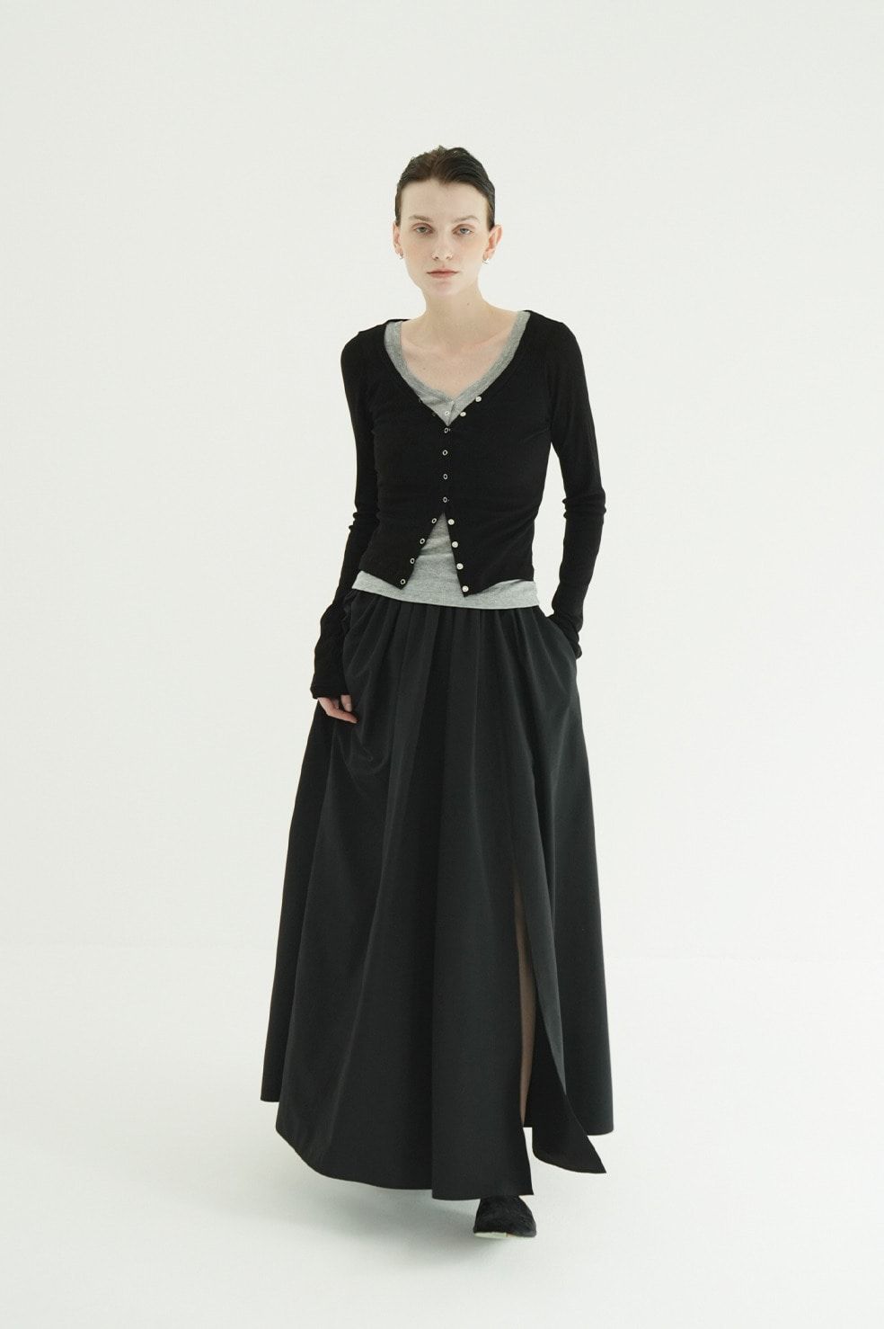 タンクトップ+カーディガン - CURVED NECK LAYERED SET TOPS （BLACK）