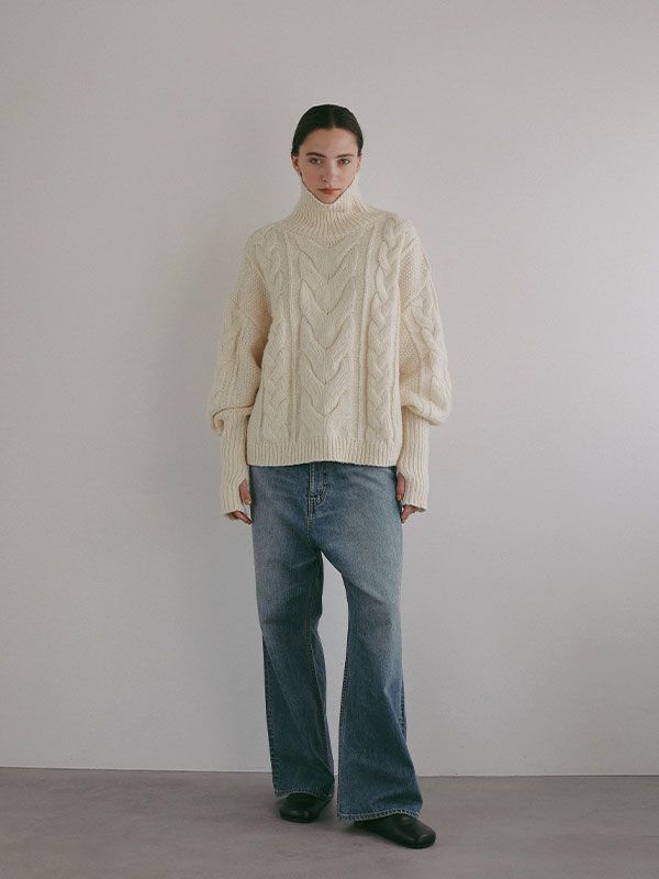 ハイネックケーブルニットプルオーバー （OFF WHITE)