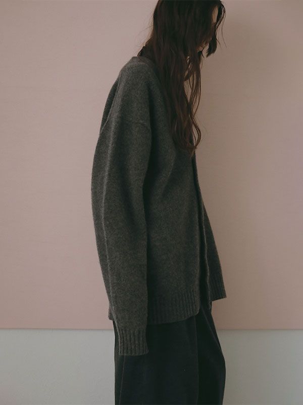 ミドルゲージVネックニットカーディガン  (GREY)