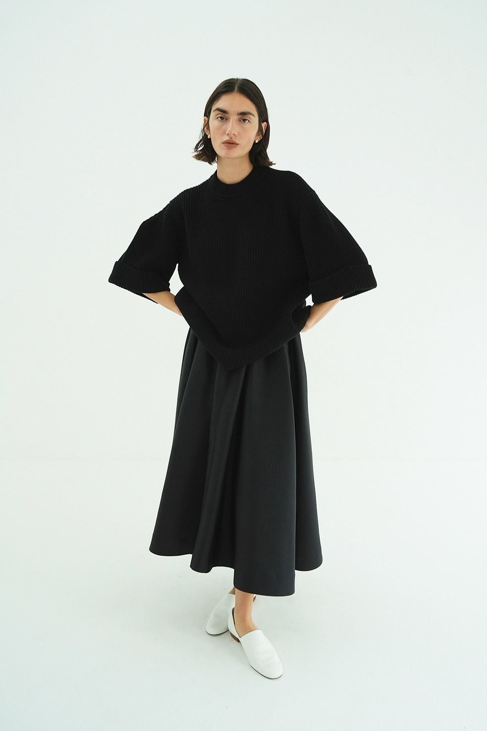 ニットトップス - OVER HALF SLEEVE KNIT TOPS (BLACK)