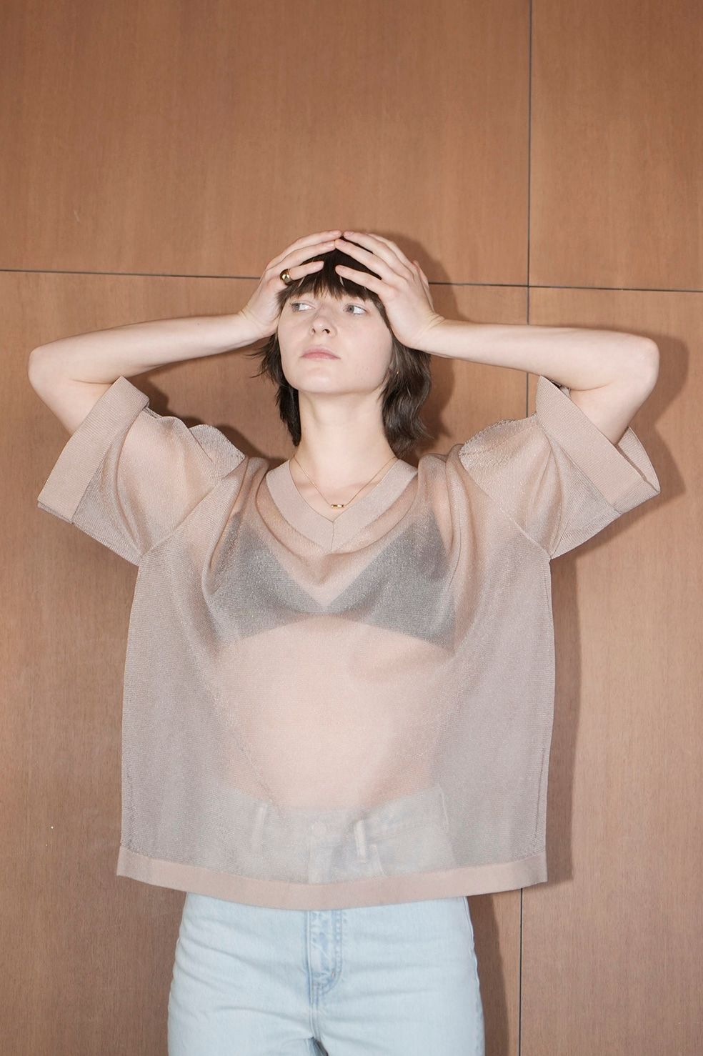 シアー ブイネック ニットトップス -  SHEER VNECK KNIT TOPS -YELLOW
