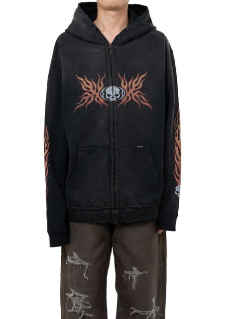 スカルフレイム ディストレスド ジップアップフーディー - “Skull Flame”Distressed Zip-up Hoodie (BLACK)