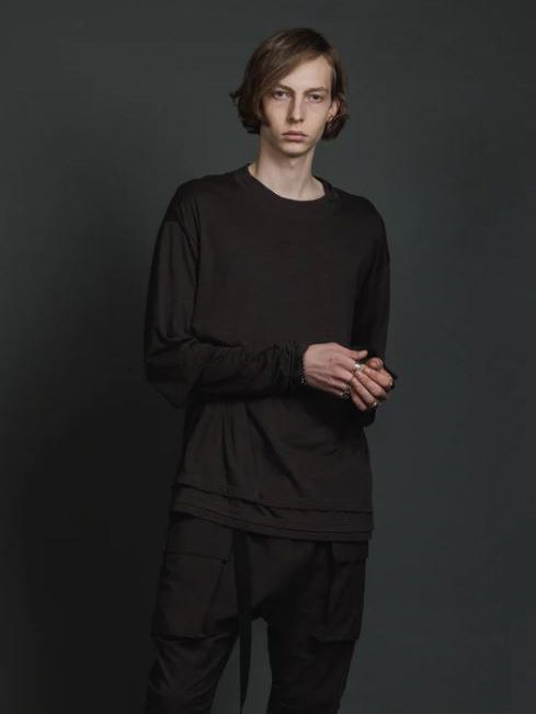 綿シルク 天竺 レイヤード カットソー  - double layerd long-sleeve t - DARK BROWN