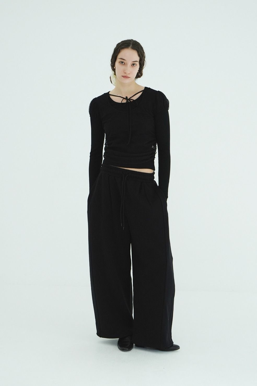 パフトップス - W FACE CLOUD PUFF SLEEVE TOPS (BLACK)