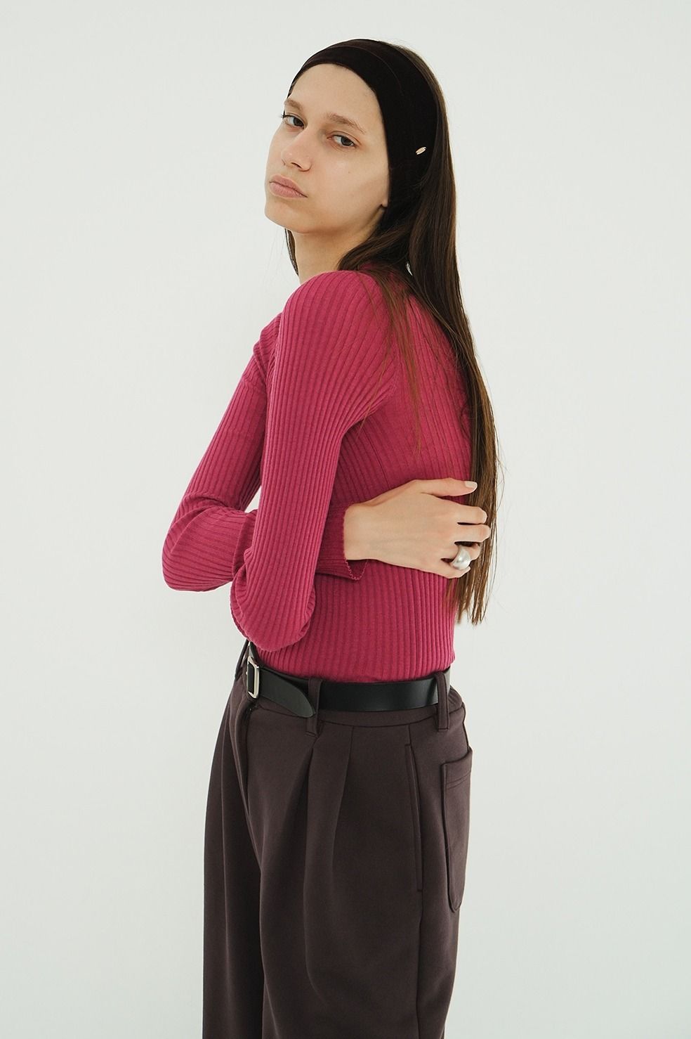 シアーリブニットカットソー | SHEER RIB KNIT TOPS (PINK)