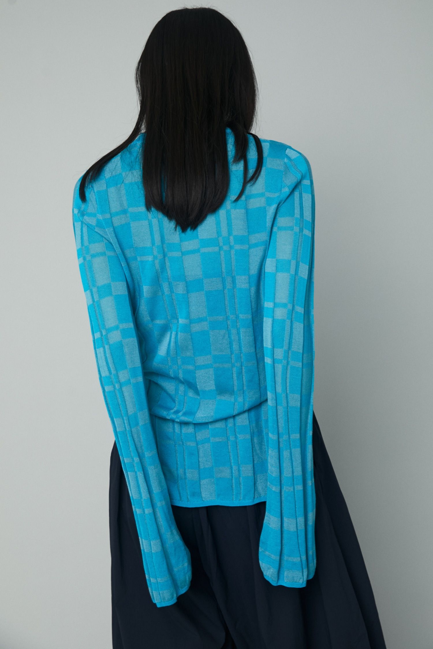 チェック ニット トップス - Check knit tops - BLUE