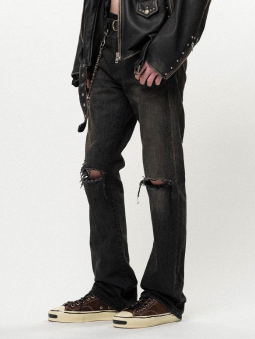 ディストレスド スリム ブーツカット デニム パンツ - Distressed Slim Bootcut Denim Pants (BLACK)
