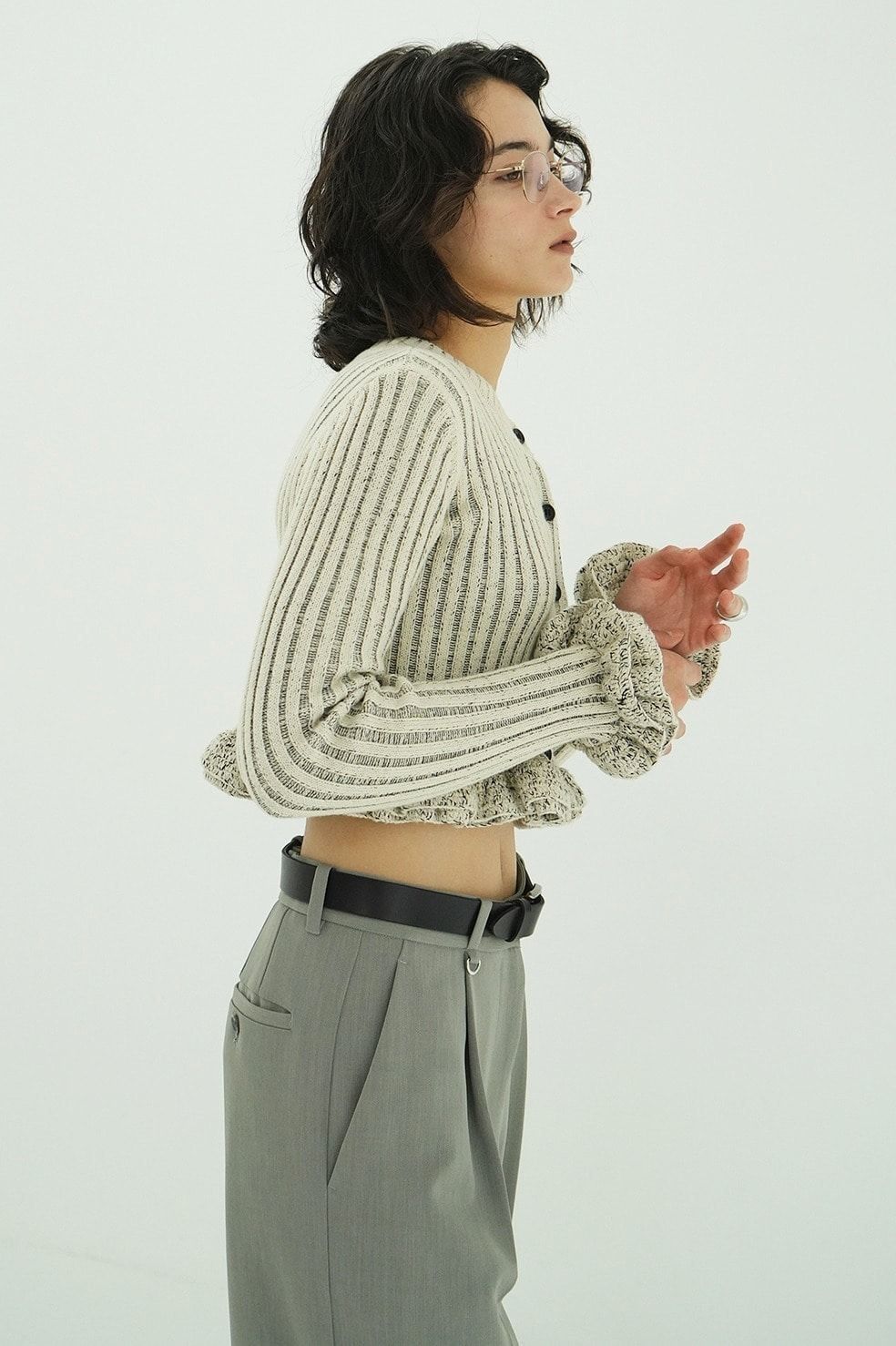 ダブルフェイス フリルド ニットトップス - W FACE SHORT FRILLED KNIT TOPS (WHITE)