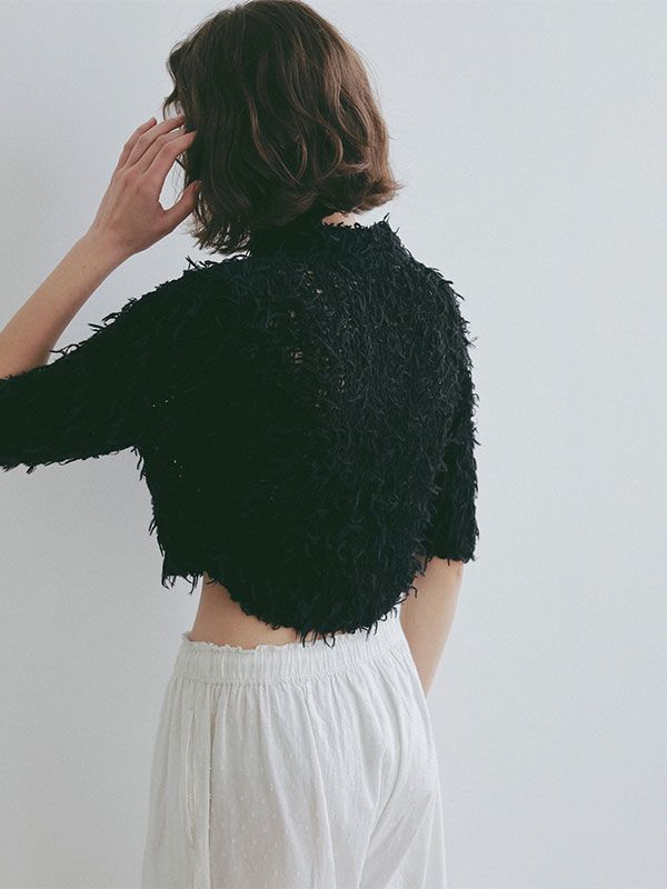 ミックスヤーンハーフスリーブコンパクトニットシャツ(BLACK)