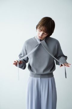 ダブル フェイス リボン ニット トップス - W FACE NECK RIBBON KNIT TOPS - GREY