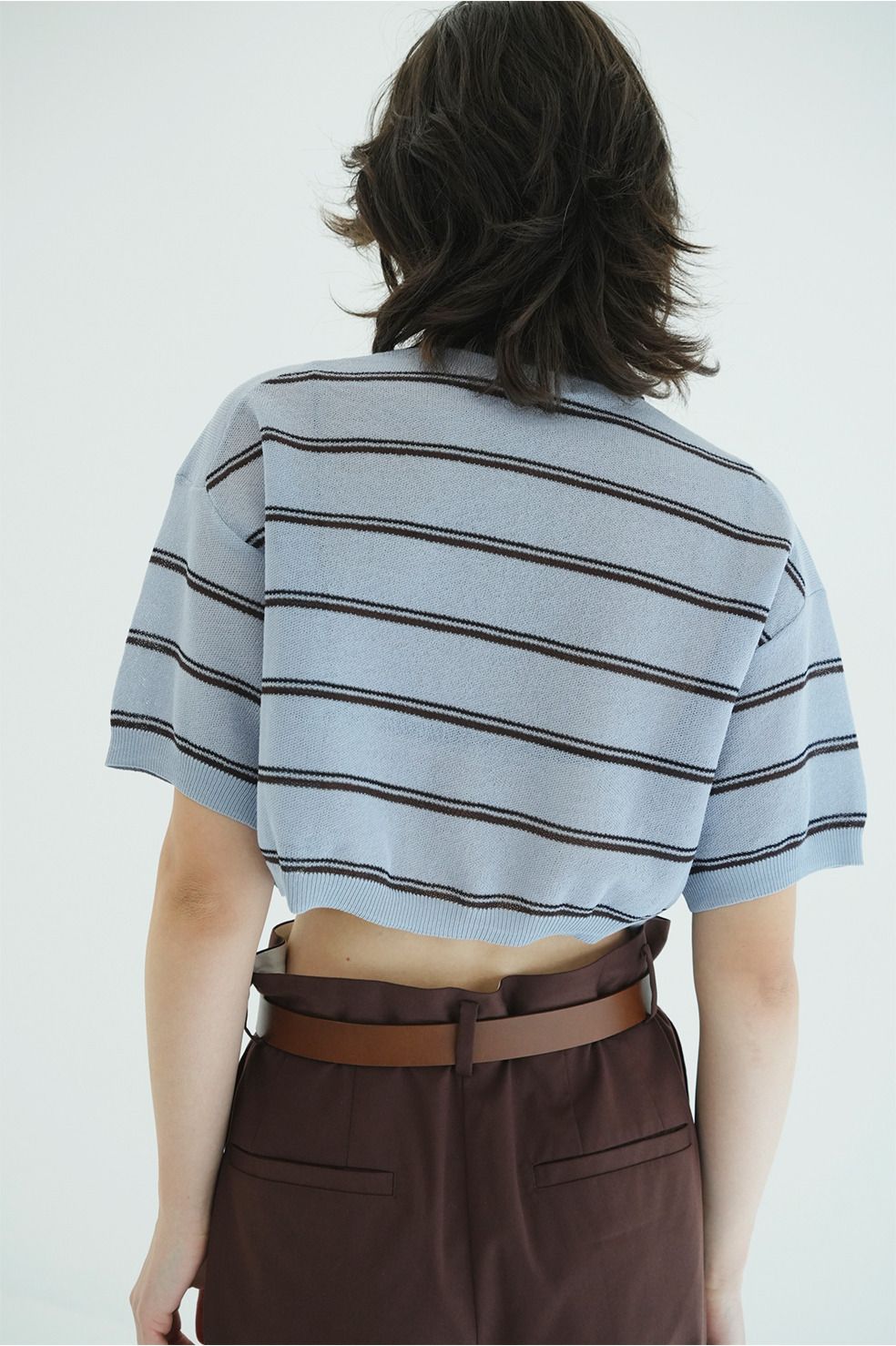 ボーダーポロトップス - SPONGY SHEER POLO KNIT TOPS (BLUE)