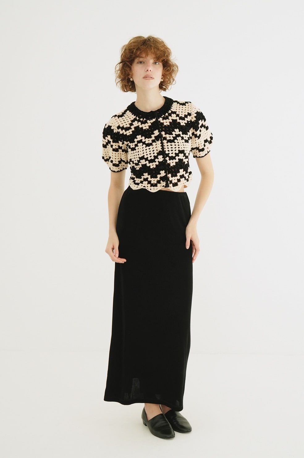 半袖ニットカーディガン - MALL BORDER HAND CROCHET KNIT CARDIGAN (black)