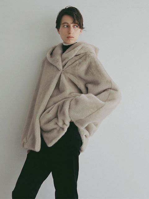 フェイクファーショールカラーフードコート - GREIGE