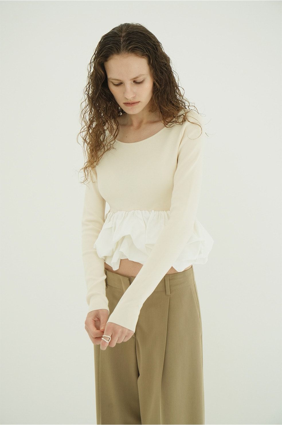 バルーン ショートニット トップス -  W BALLOON SHORT KNIT TOPS(IVORY)