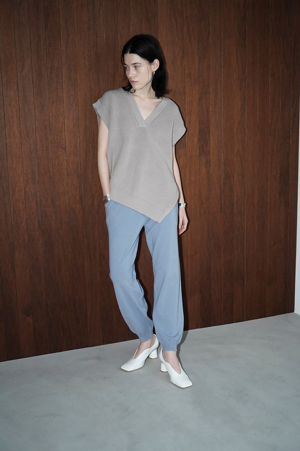 ダブルフェイス アシンメトリー ニット トップス - W FACE ASYMMETRY KNIT VEST - GREY