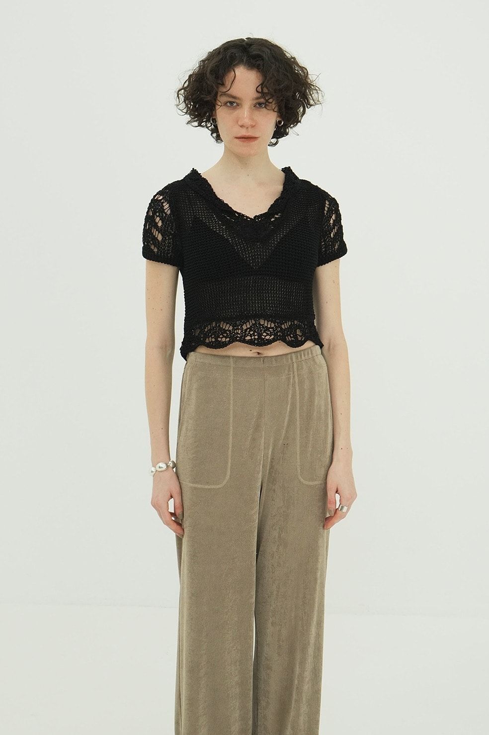クロップドニットトップス - CROPPED CROCHET KNIT TOPS - BLACK