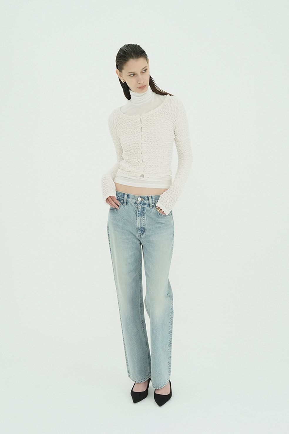 ダブルフェイス シャーリング カーディガン  - W FACE SOFT SHIRRING CARDIGAN (WHITE)